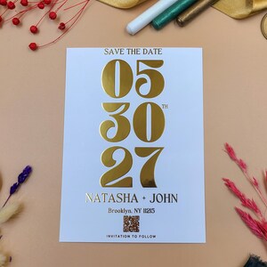 Réservez la date en relief avec feuille d'or moderne | carte de mariage typographie audacieuse | Faire-part de mariage personnalisé minimaliste