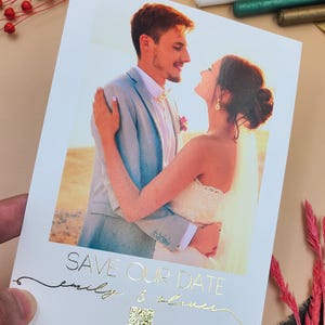 Custom Photo Save the Date with Gold Foil Calligraphy – Elegant Personalized Wedding Announcement with QR Code and Website Link