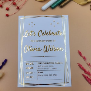 Invito per festa di compleanno in rilievo con lamina d'oro / Invito per celebrazione Art Déco / Biglietto per festa personalizzato elegante in rilievo