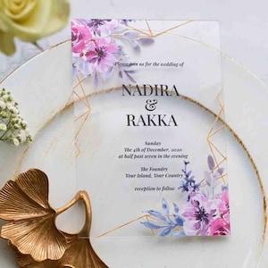 Acrylic Invitations With Lavenders Purples Lilacs, Floral Clear Wedding Invitation Suite Sets, UV Printed Invites, 300 GSM Lux Envelopes