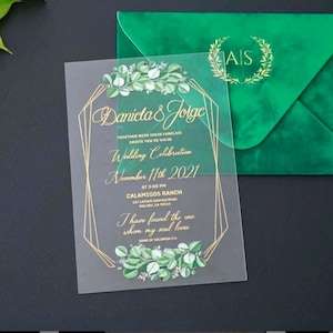Acryluitnodiging goudfolie met groene fluwelen envelop, acrylhuwelijksuitnodiging, bloemenhuwelijksuitnodiging met goudfolie en fluweel
