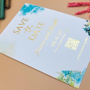 Watercolor Forest Save the Date – Embossed Gold Foil Modern Wedding Card with QR Code, Elegant Tree Theme Invitation, Nature-Inspired Design