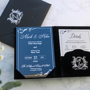 Black Velvet Folio With Silver Foil-Pressed Acrylic Invitation, Embellished Envelope and Details Card, Personalized Modern Velvet Folio