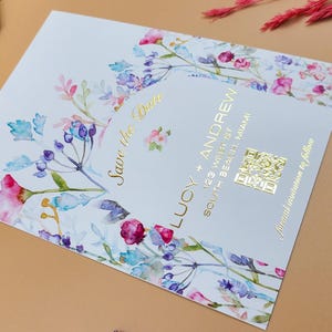 Wildflower Save the Date with Gold Foil – Watercolor Floral Border – Custom Wedding QR Code – Elegant Spring Invitation Card