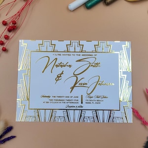 Faire-part de mariage Art déco avec feuille d'or en relief | Design luxueux géométrique en relief pour des célébrations glamour inspirées des années 20