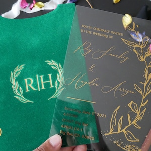 Gold Foil Pressed Acrylic Invitations With Foil Pressed Green Velvet Pockets, Modern Wedding Invitations, Elegant Acrylic Wedding Invites