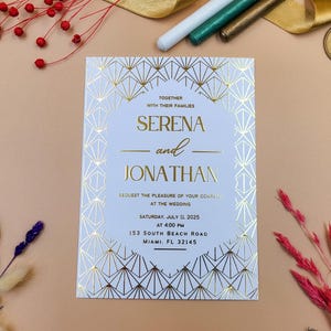 faire-part de mariage géométrique en relief feuille d'or | de mariage de style déco moderne | Faire-part de mariage personnalisé élégant