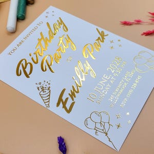 Gold Foil Birthday Invitation – Custom Party Card with Balloons & Sparkles, Elegant Modern Design for Women, Men, Teens, Adults
