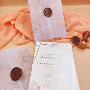 Gold Foil Floral Wedding Invitation Set: Vellum Jacket & Wax Seal