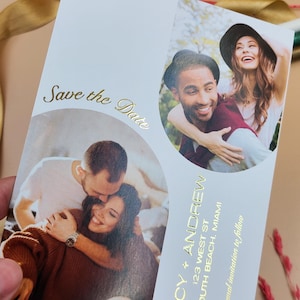 Collage de fotos para guardar la fecha con lámina dorada en relieve – Diseño de 3 fotos – Tarjeta de boda personalizada – Diseño minimalista moderno – Invitación impresa