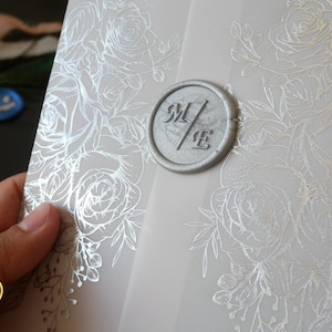 Floral Design Silver Foil Engraved Vellum Jackets, Foil Pressed Vellum Wraps, Custom Design Wax Seals, Silver Foil Rose Design Vellum Jacket