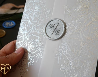 Silver Foil Floral Vellum Jackets | Wedding Invitation Wrap | Frosted Vellum | Custom Wax Seal | Elegant Invite