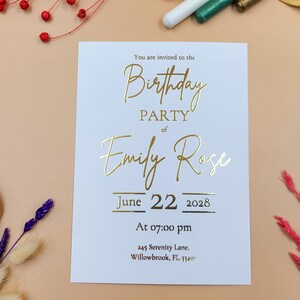 Gold Foil Birthday Invitation – Elegant Modern Party Card with Script Font, Luxe Flat Card Design, Minimal White and Gold Birthday Invite