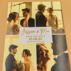 Moderne Save the Date Karte mit Goldfolien-Prägeschrift und Fotocollage – individuelle Hochzeitsankündigung im Hochformat