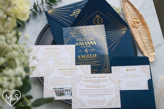Art Deco Wedding Invitation Suite, Gold Foil Clear Acrylic Invite, Navy Blue Gatsby Theme Cards, Custom Printed Ceremony Stationery - Alternate View