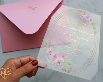 Gold Foil Engraved Acrylic Invitation with Pink Peonies, Floral Acrylic Invitation With Foil Engraving, Unique Shaped Envelopes with Foil