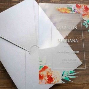 Acrylic Invitations With Orange Flowers, Floral Design Clear Wedding Invitations, UV-Printed, 300 GSM Lux Envelopes, Invitation Suite Sets