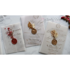 Vellum Jackets/Sleeves With Wax Seals and Dried Flowers, Foil Engraved Clear Acrylic Wedding Invitation, Clear Invitation With Hot Foil