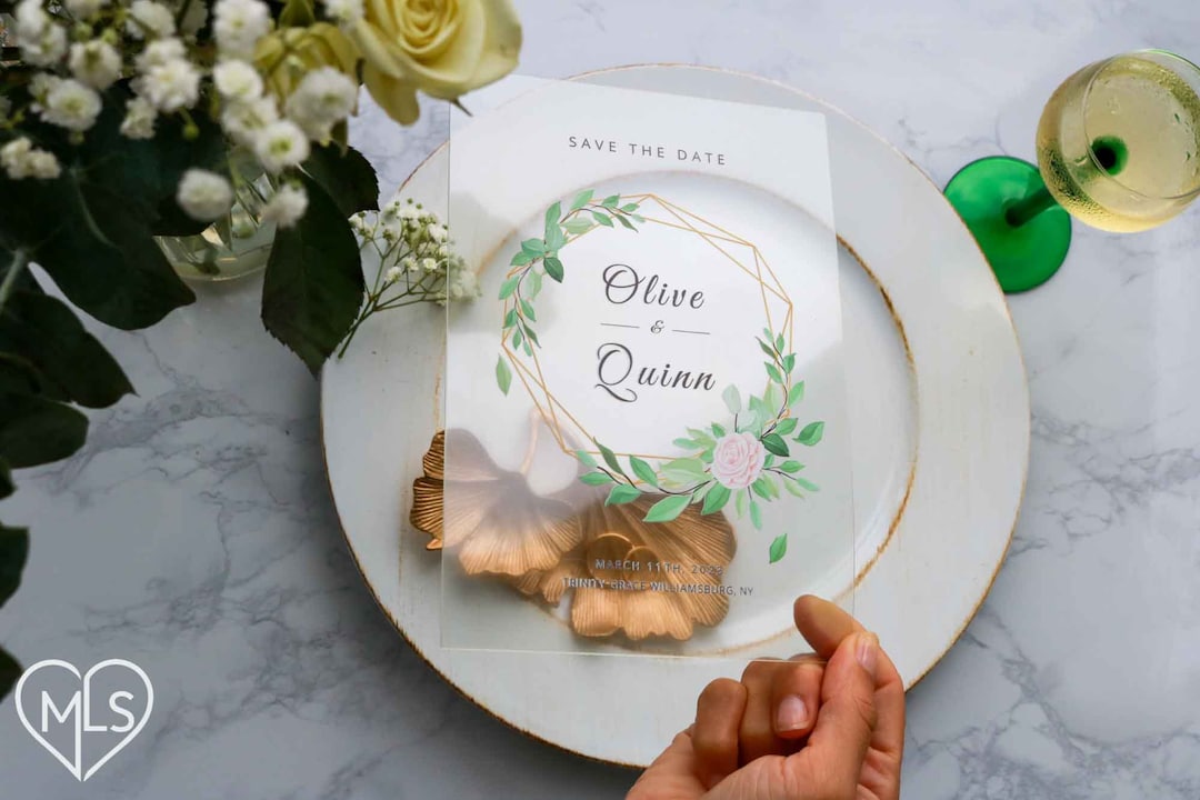 Clear Acrylic Save the Date With Geometric Floral Design, UV Color Printed Acrylic Save the