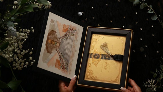 Elegant Gold Design | Unique Black & Gold Boxed Suite | Foil Pressed Acrylic Invitation Box Wedding | Custom Luxury Invite with Tassel | - Alternate View