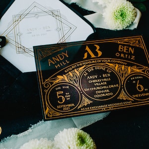 Black Acrylic Wedding Invitation, Gold Foil Pressed Invitation, Gold and Black Acrylic Wedding Invitation, Black Velvet Envelopes