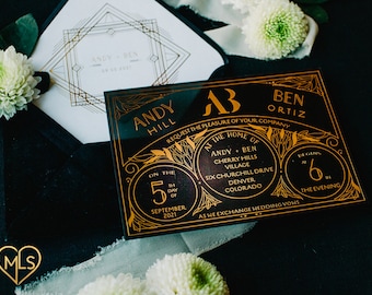 Black Gold Art Deco Acrylic Wedding Invitation, Gatsby Style Foil Invite, Luxury 1920s Wedding Suite, Custom Engagement Card