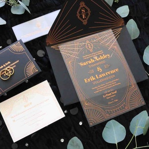 Art Deco Wedding Invitation Suite: Black & Copper Foil Pressed Acrylic