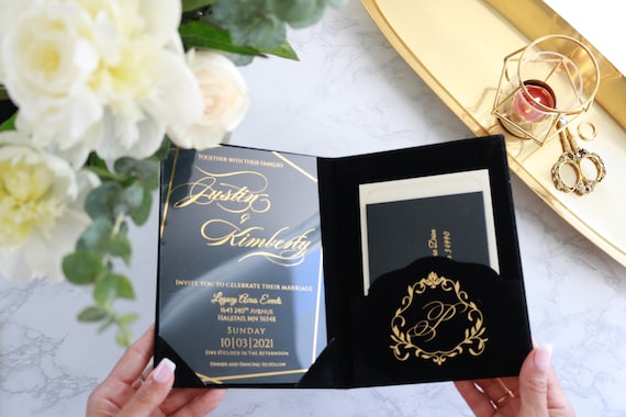 Luxury Acrylic Wedding Invitation with Velvet Folio | Gold Foil Acrylic Invite | Custom RSVP Card & Mailing Envelopes - Alternate View