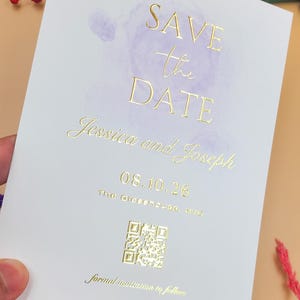 Minimalist Purple Watercolor Save the Date with Elegant Gold Foil Text and QR Code – Modern Wedding Announcement with Timeless Design