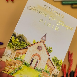 Tarjeta de invitación de boda en acuarela con lámina dorada en relieve: anuncio de boda personalizado para ceremonia al aire libre o en el jardín - Invitación de boda en la iglesia