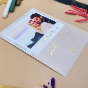 Beach-Inspired Save the Date Card with Gold Foil Names and Photo – Elegant Wedding Announcement for Summer and Destination Weddings