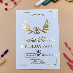 Gold Foil Floral Birthday Invitation – Elegant Botanical Party Card, Foil-Pressed Design for Women, Luxury Modern Birthday Invite