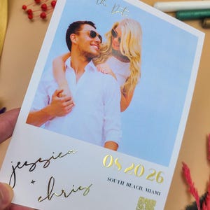 Custom Photo Save the Date with Gold Foil Embossed Names and QR Code – Modern Engagement Announcement for Stylish Couples