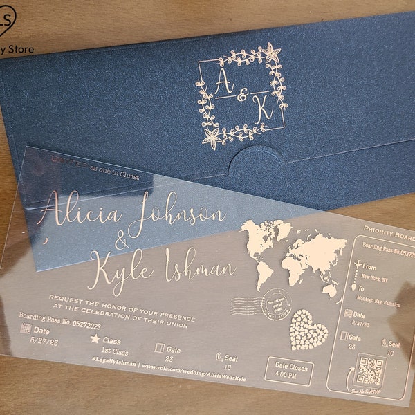 Rose Gold Foil Boarding Pass Invitation, Luxury Destination Wedding, Acrylic Invitation Dark Navy Envelope, Save The Date | My Lovely Store