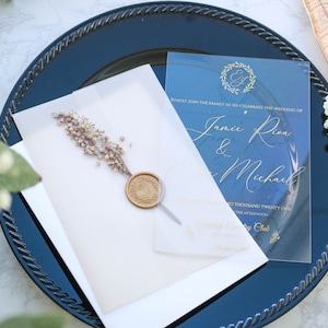Transparent Acrylic Wedding Invitation With Vellum Jacket, Modern Wedding Invitation Set Wax Seal and Dried Flowers, Modern Acrylic Invites