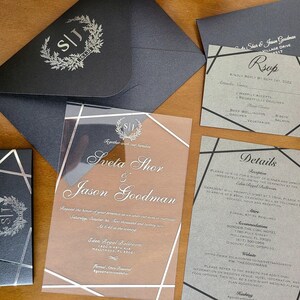 Black and Silver Wedding Invitation Suite, Silver Foil Pressed Acrylic Invitation, Custom Wedding Invitation Suite, Modern Invitation Sets