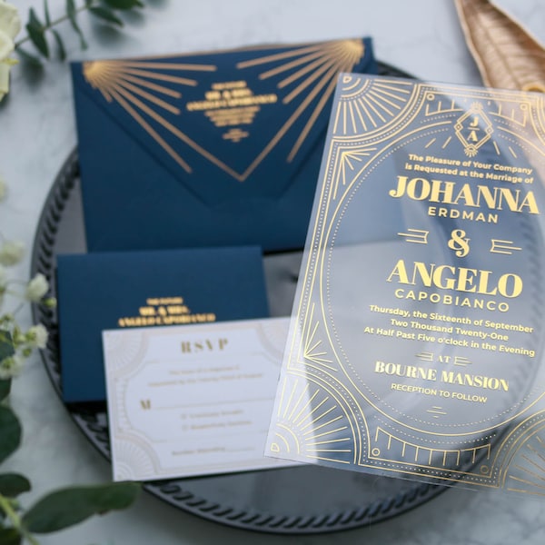 Foil-Pressed Art Deco Wedding Invitations: Gatsby Acrylic Suite