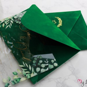 Elegant Acrylic Invitation With Green Velvet Envelopes, Real Gold Foil & UV Print Greenery | My Lovely Store Quality