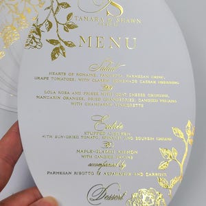 Gold Foiled White Wedding Menu Cards, Oval White Acrylic, Raised Foil Menu Cards, Custom Wedding Menu Cards, White and Gold Wedding Menu