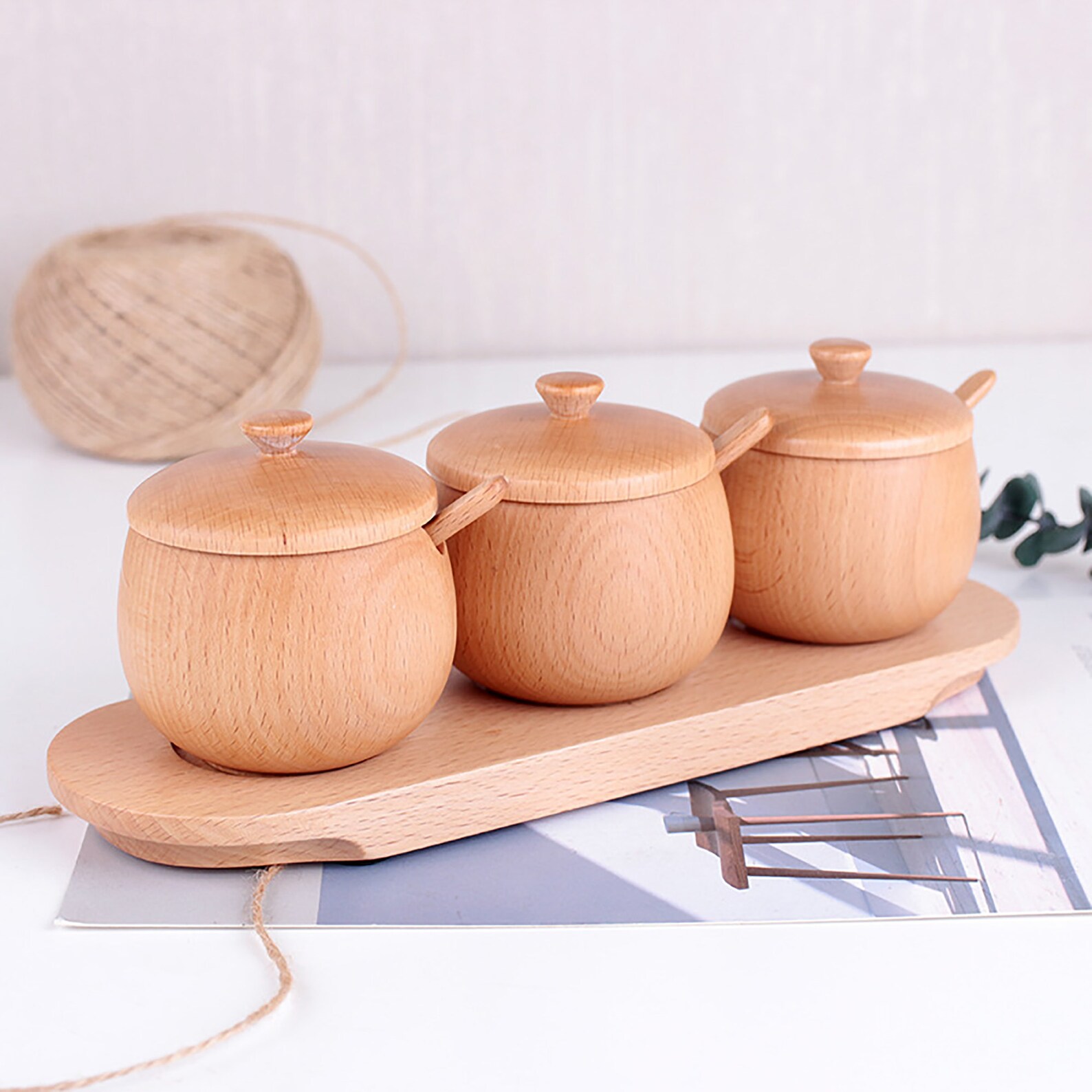 2 Set Wood Spice Jar Condiment Bowls With Wooden Spoons And