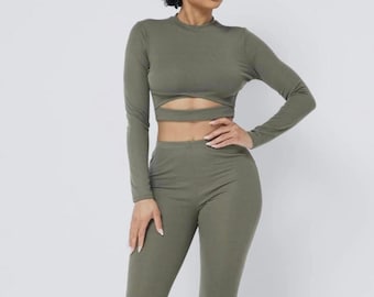 Olive Rib Crossed, Two Piece Women Set, Leggings, Spring Clothing,Summer Outfit, Winter Clothing, For Her Gifts
