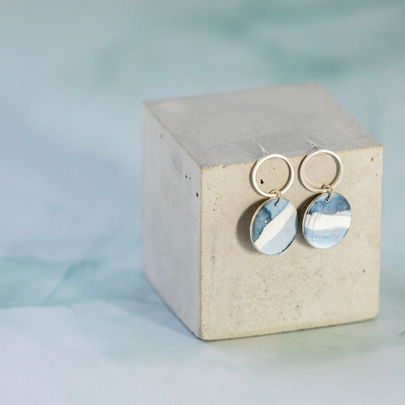 Silver and enamel earrings. Dangly silver earrings. Drop earrings. Blue and white enamel earrings, handmade silver jewellery in the UK