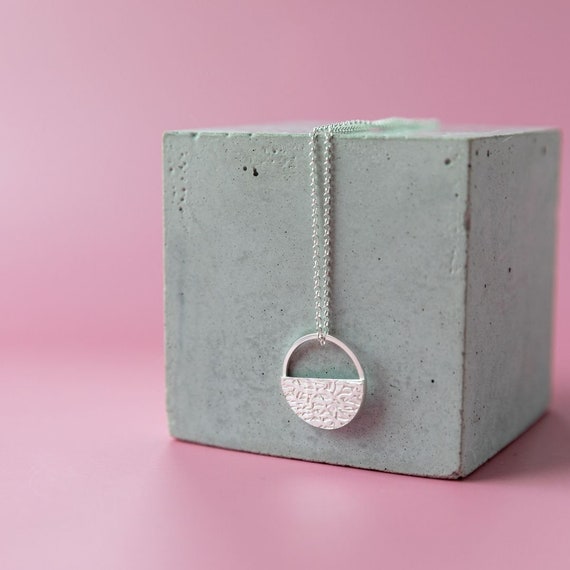Silver necklace, hoop with half textured detail, simple silver necklace handmade in the UK