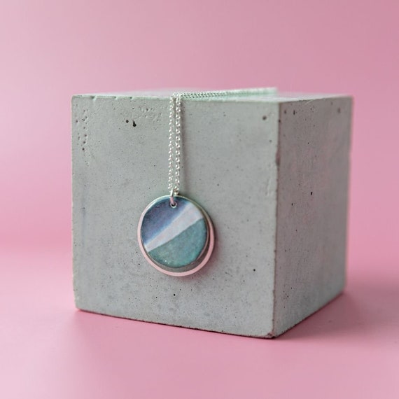 silver and enamel necklace, blue and green enamel. Handmade silver jewellery - special gift