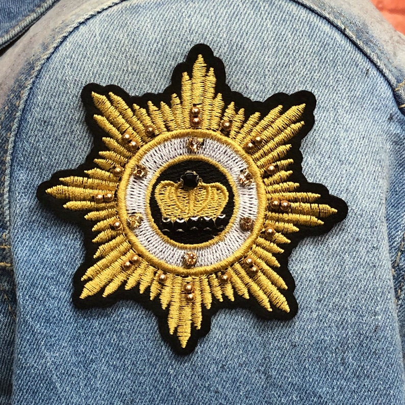 Crown Shield Patch Handmade Crystal Rhinestone and Embroidered appliqu\u00e9 Sew on Patch Gold 2 Pieces