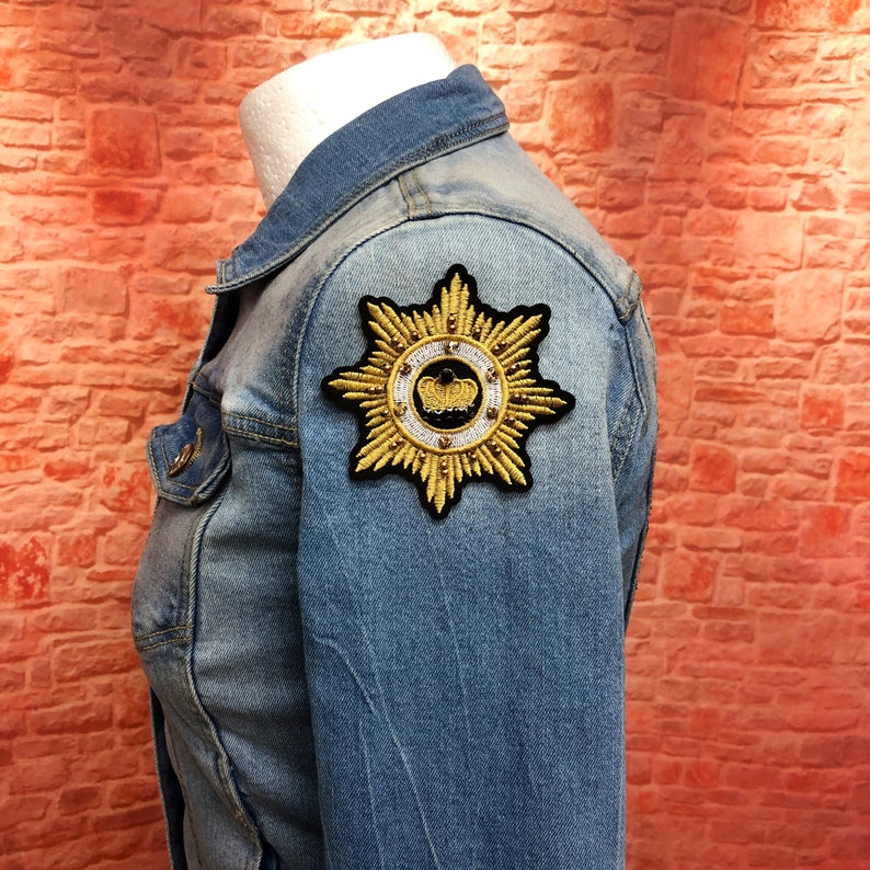 Crown Shield Patch Handmade Crystal Rhinestone and Embroidered appliqu\u00e9 Sew on Patch Gold 2 Pieces