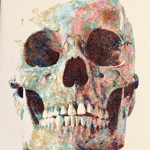 Skull front view Colorful Pen Plotter Portrait, Original CNC Drawing, Contemporary Line Art, 50x70 cm Wall Art, Generative Artwork