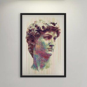 David  Colorful Pen Plotter Portrait, Original CNC Drawing, Contemporary Line Art, 50x70 cm Wall Art, Generative Artwork