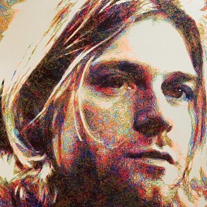 Kurt Cobain  Colorful Pen Plotter Portrait, Original CNC Drawing, Contemporary Line Art, 50x70 cm Wall Art, Generative Artwork