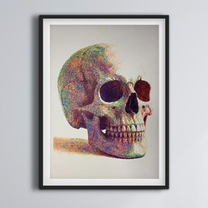 Skull  Colorful Pen Plotter Portrait, Original CNC Drawing, Contemporary Line Art, 50x70 cm Wall Art, Generative Artwork